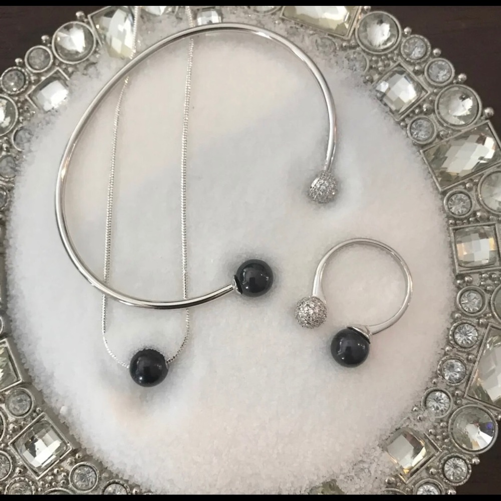 Silver pearl ring, bracelet, and necklaces set